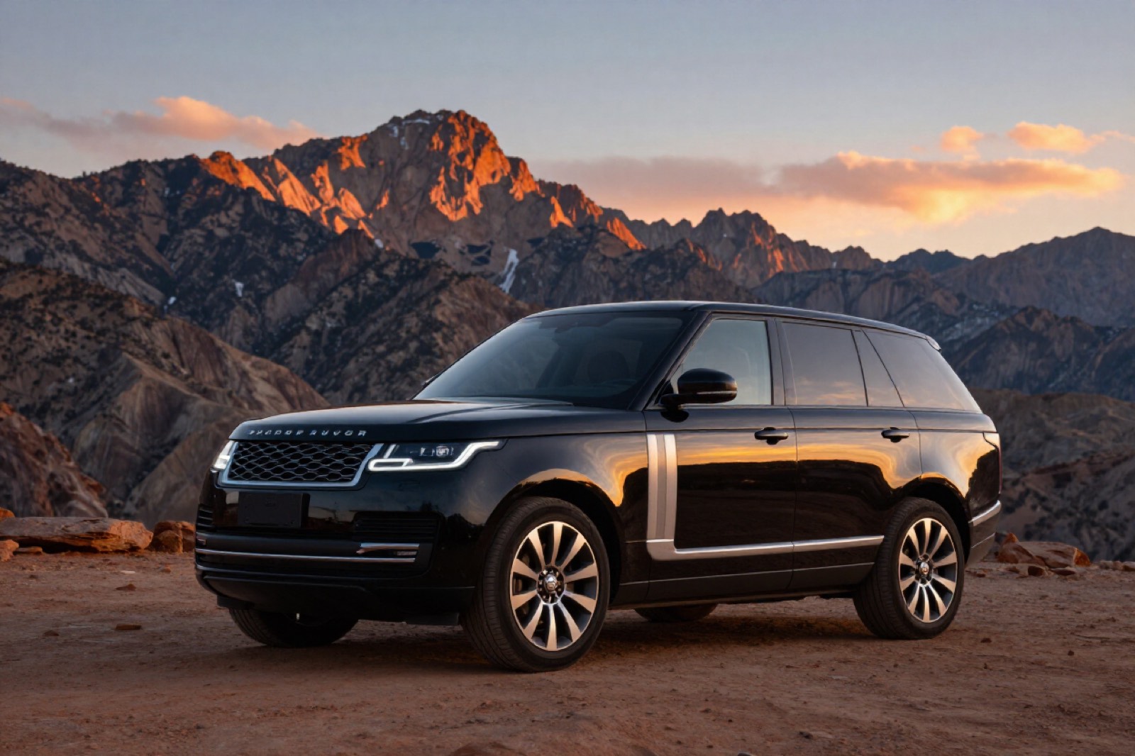 A black Range Rover at sunset with mountains behind it