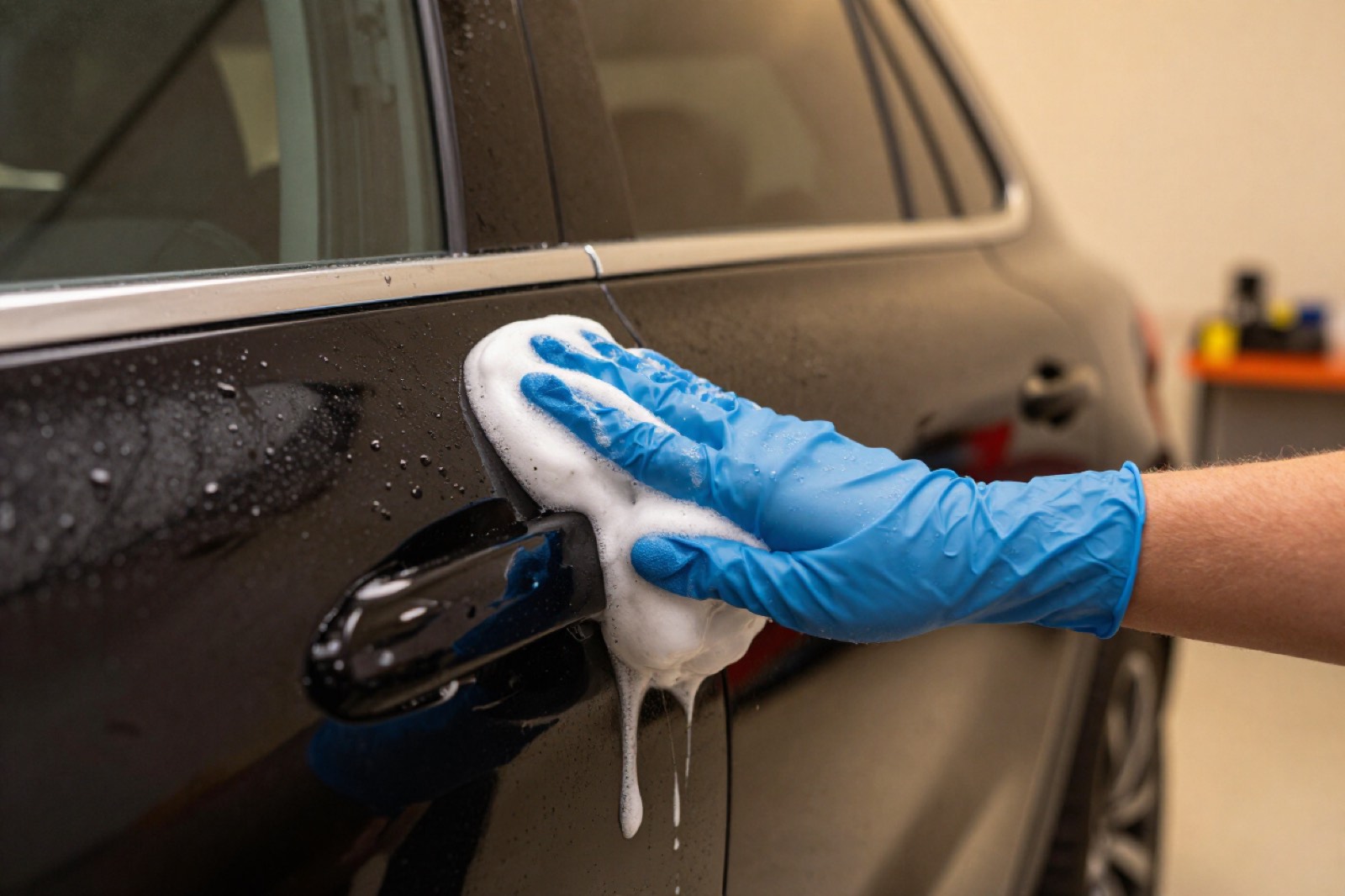 A gloved hand foam washing a car door