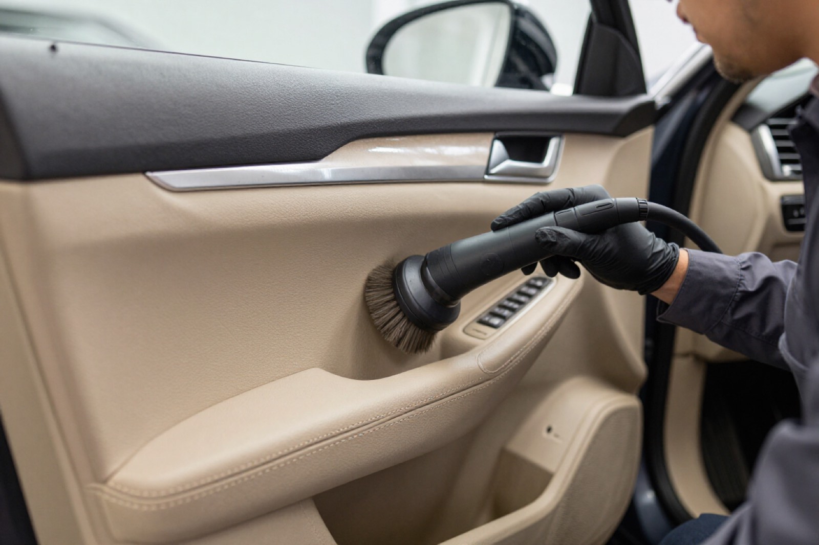 A detailing brush cleaning an interior door panel