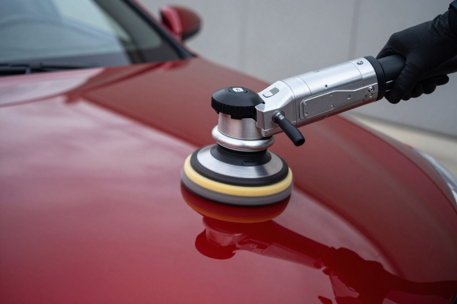 A dual action polisher working the bonnet of a red car